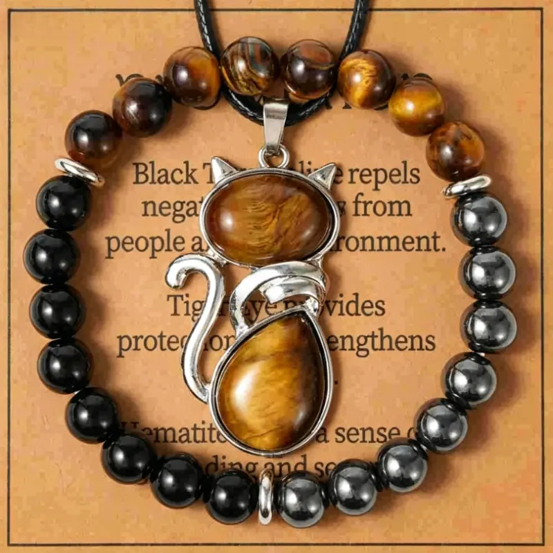 Unisex 2Pcs Animal-Themed Bracelet Base Lucky Jewelry Sets - 8mm Tiger Eye, Obsidian, Hematite Triple Bead Protection Jewelry with Cat Pendant Necklace, Wish Card for Adult Daily Wear Fashion Accessories, Beaded Chain, Jewellery