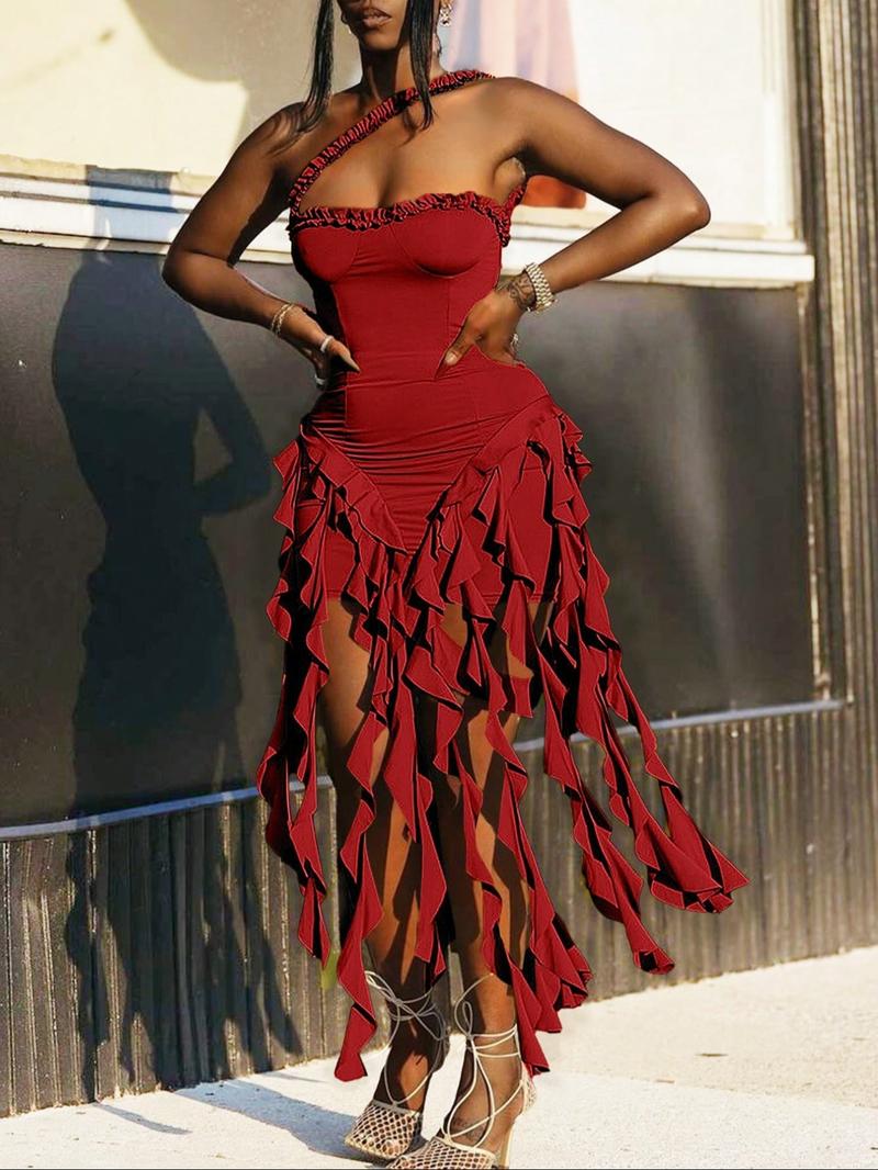 Women's Solid Color Ruffle Trim Frilled Dress, Fashion Casual Fabric Sleeveless Dress for Daily Outdoor Wear, Ladies Clothes for All Seasons, Embellished Dress