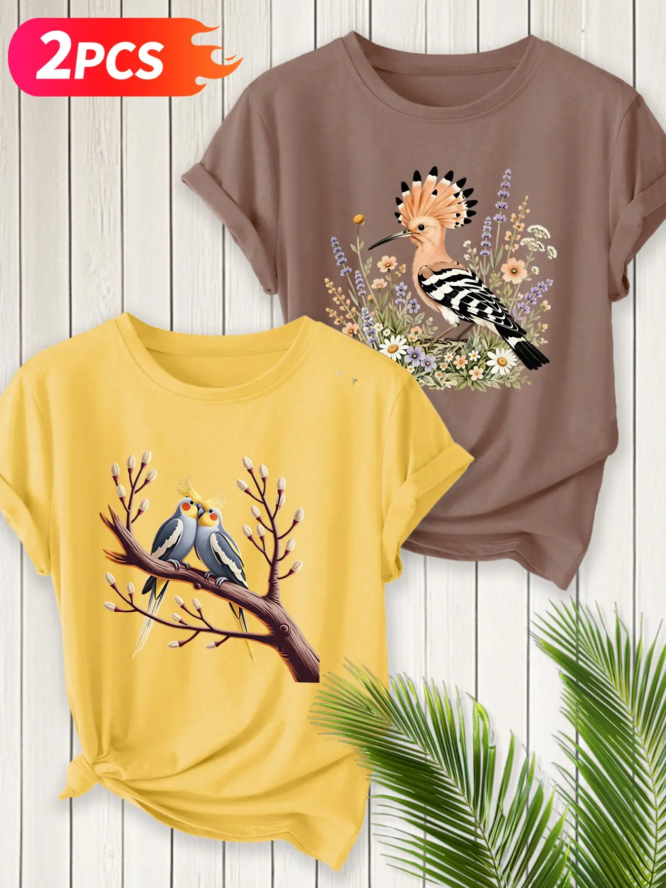 2‑Pack Women Crew Neck T‑Shirts, Hoopoe & Cockatiel Bird Print Based On Pictures, Multiple Colors Available, Machine Washable, Spring Summer Tops, Soft Skin‑Friendly Fabric, Daily Match, Fashion Design, Casual