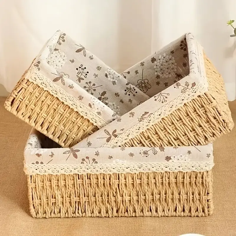 Handmade Woven Basket Set, 3-Piece Storage Baskets with Floral Lining, Lace Trim, Seagrass Material, Ideal for Bathroom, Bedroom, Office