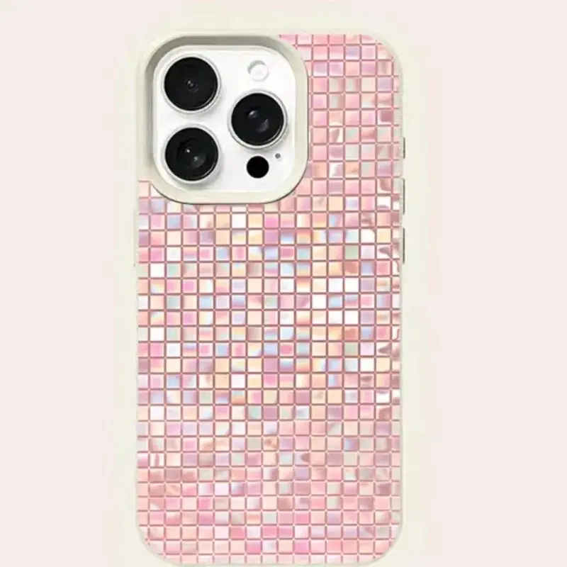 Women's Shimmer Pink Iridescent Mosaic Grid Cow Pattern Phone Case with Glitter Contrast Frame, Drop-Resistant Protective Corners, 3-Pack Tempered Glass Screen Protectors for iPhone 17/16/15/14/13/12/11 Pro Max Mobile Accessories