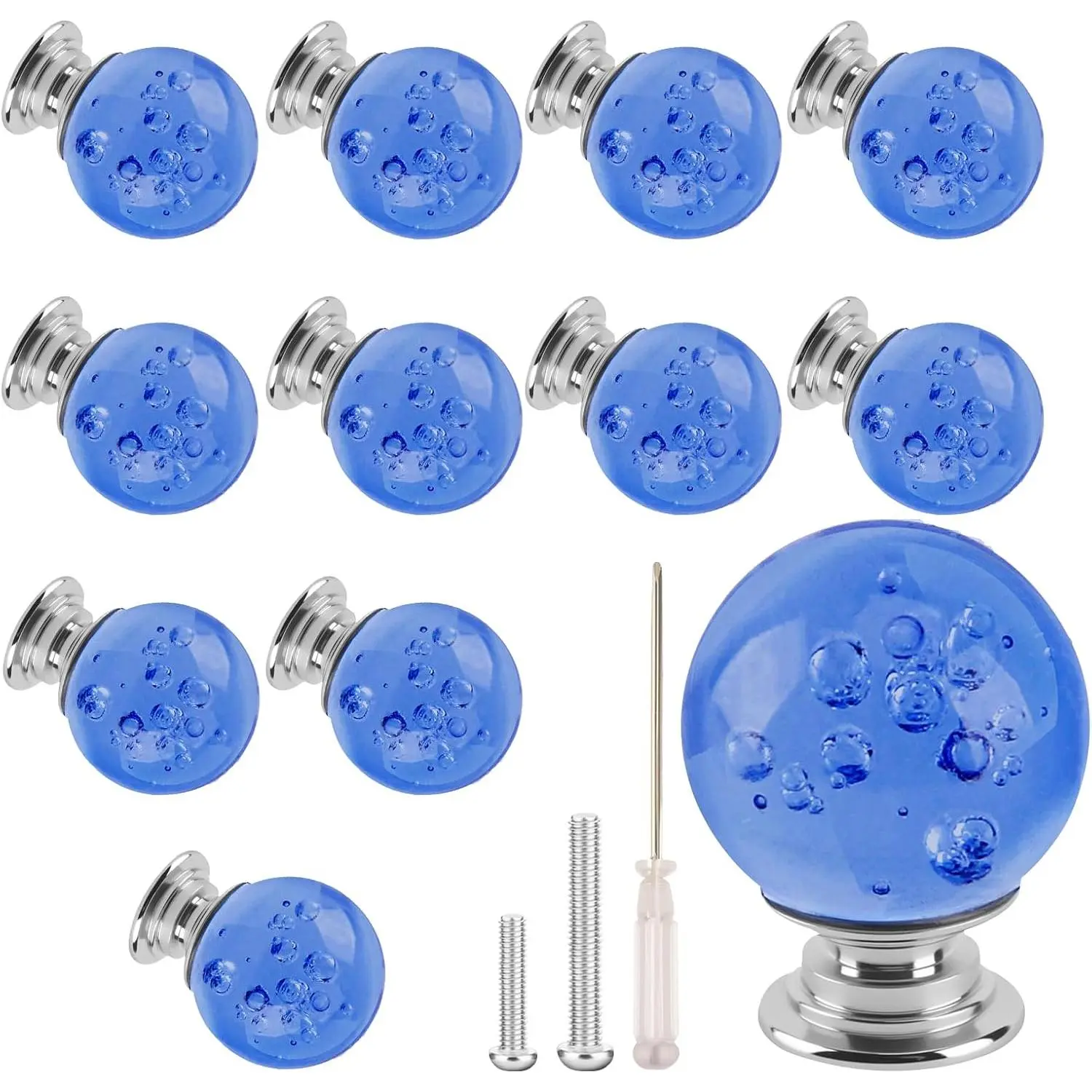 12-Count Shiny Chrome Round Bubble Glass Cabinet Knobs, 30x30mm with Screws, Drawer Pull Handles for Kitchen, Dresser