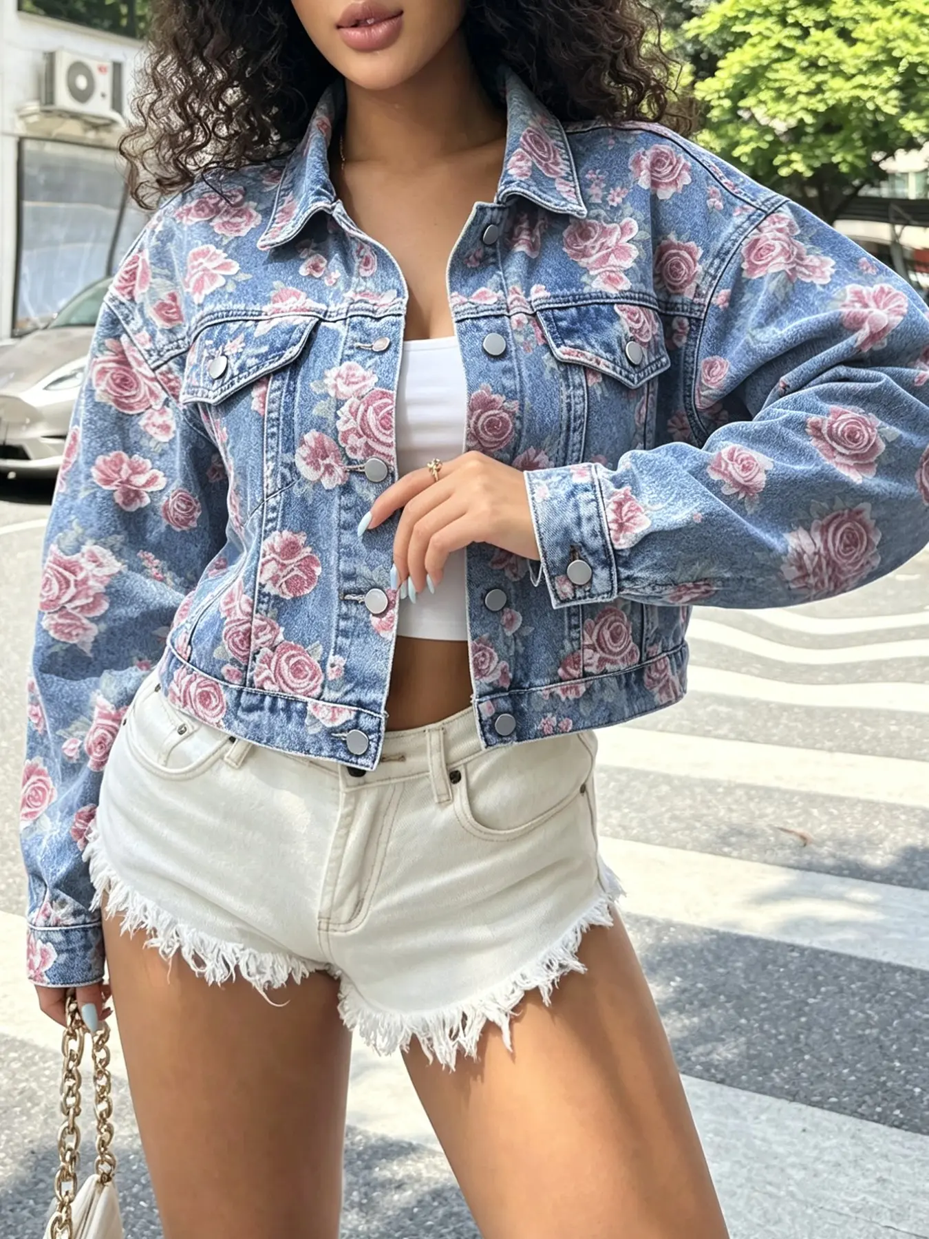 Women's Floral Print Denim Jacket, Y2K Style Front Button Design, Fashionable Trendy Coat, Perfect for Casual Wear, Ideal for Spring and Fall