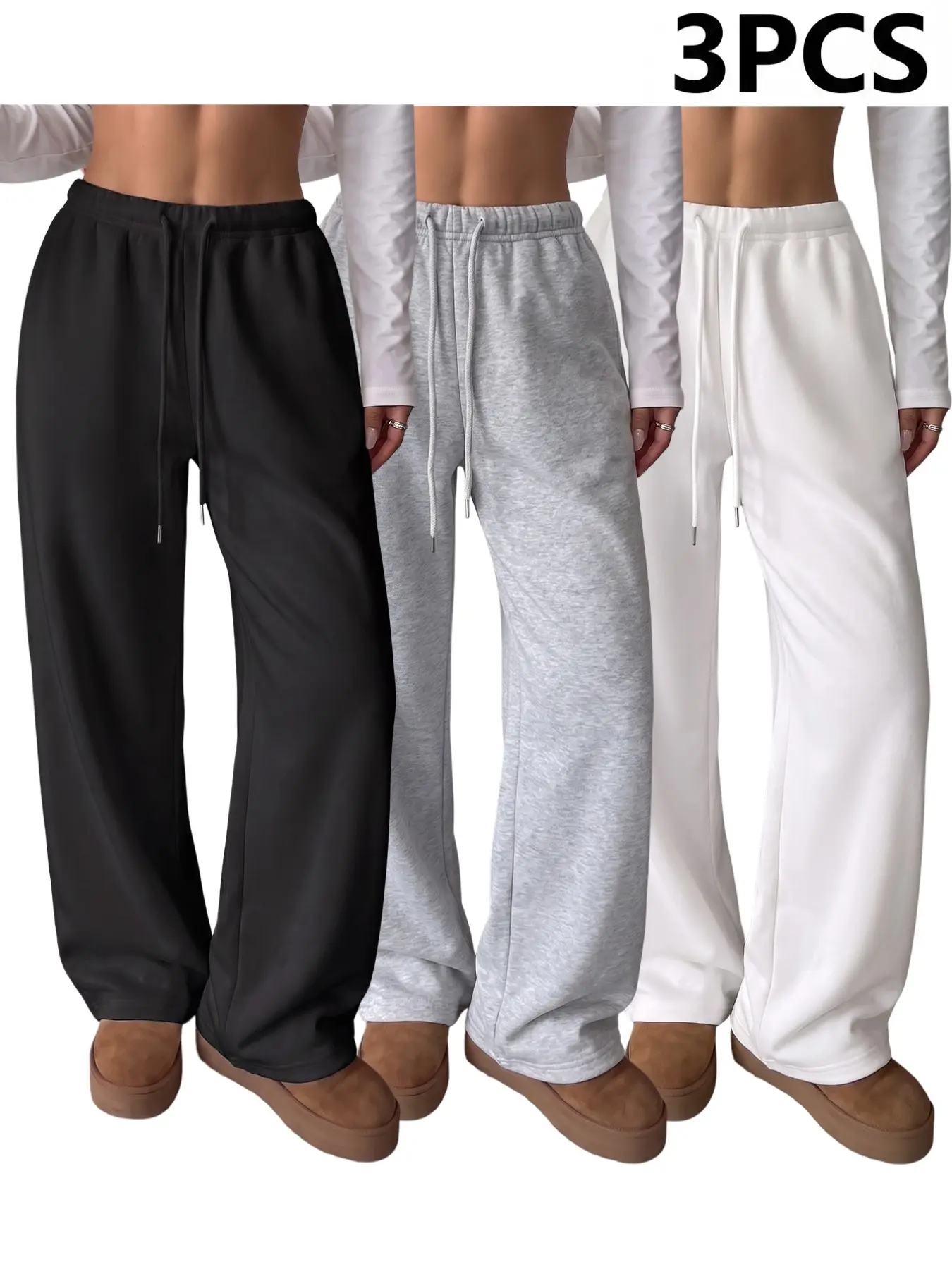 3-Pack Drawstring High Waist Wide Leg Sweat Pants, Multi Color Loose Casual Lounge Trousers For Women Daily Outfit
