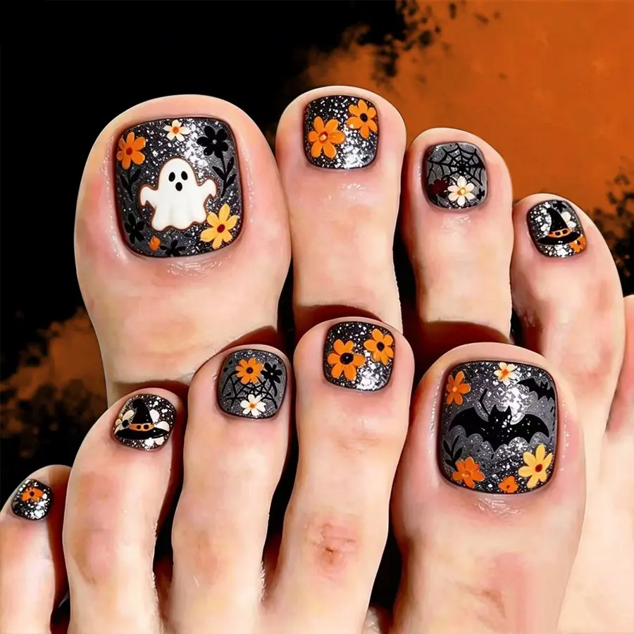 24pcs Short Deep Ghost Bat Flower Glitter Halloween Press-On Toe Nails, Reusable Glossy Floral Fake Nails, for Women and Girls