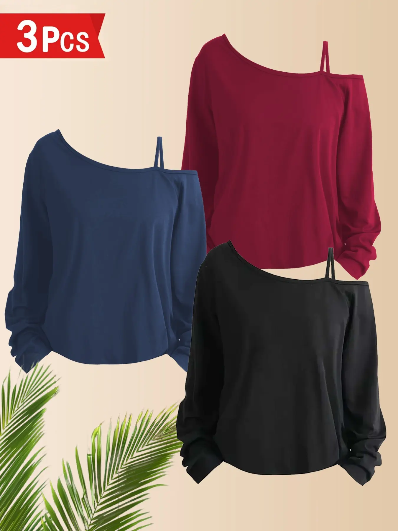 3pc Women's Casual Asymmetrical Shoulder Long Sleeve Top, Breathable Stretch Fabric, Spring & Fall Slim Fit, Unlined Pure Color Shirt