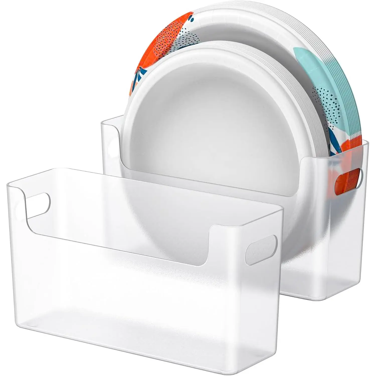 2 count Paper Plate Dispenser for 6-9.5 Inch Disposable Plates, Space-Saving Plastic,  and Paper Plate Storage Organizer for Cabinet, Countertop, RV or Outdoor (Transparent)