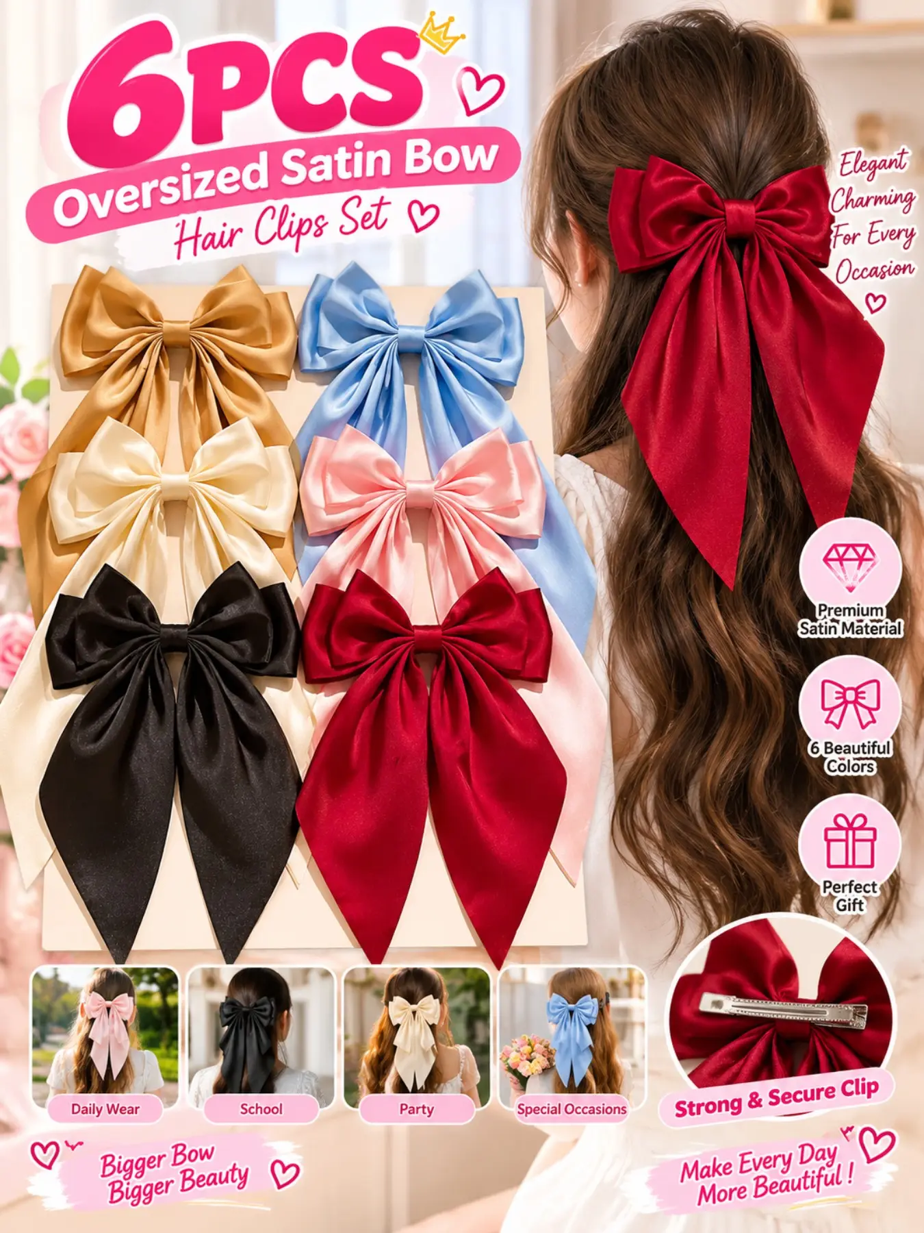 6PCS Oversized Satin Bow Hair Clips for Women, Large Long Tail Ribbon Hair Bows, Ponytail Half-Up, Updo Hair Accessories, Assorted Colors