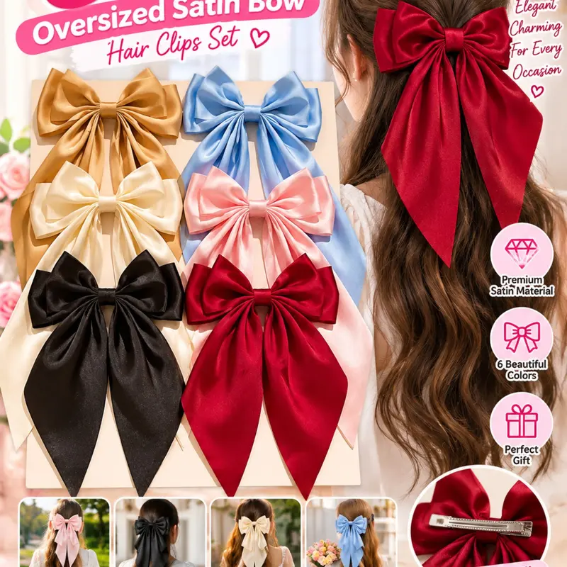 6PCS Oversized Satin Bow Hair Clips for Women, Decorative Hair Accessories, Large Long Tail Ribbon Hair Bows, Ponytail Half-Up, Assorted Colors
