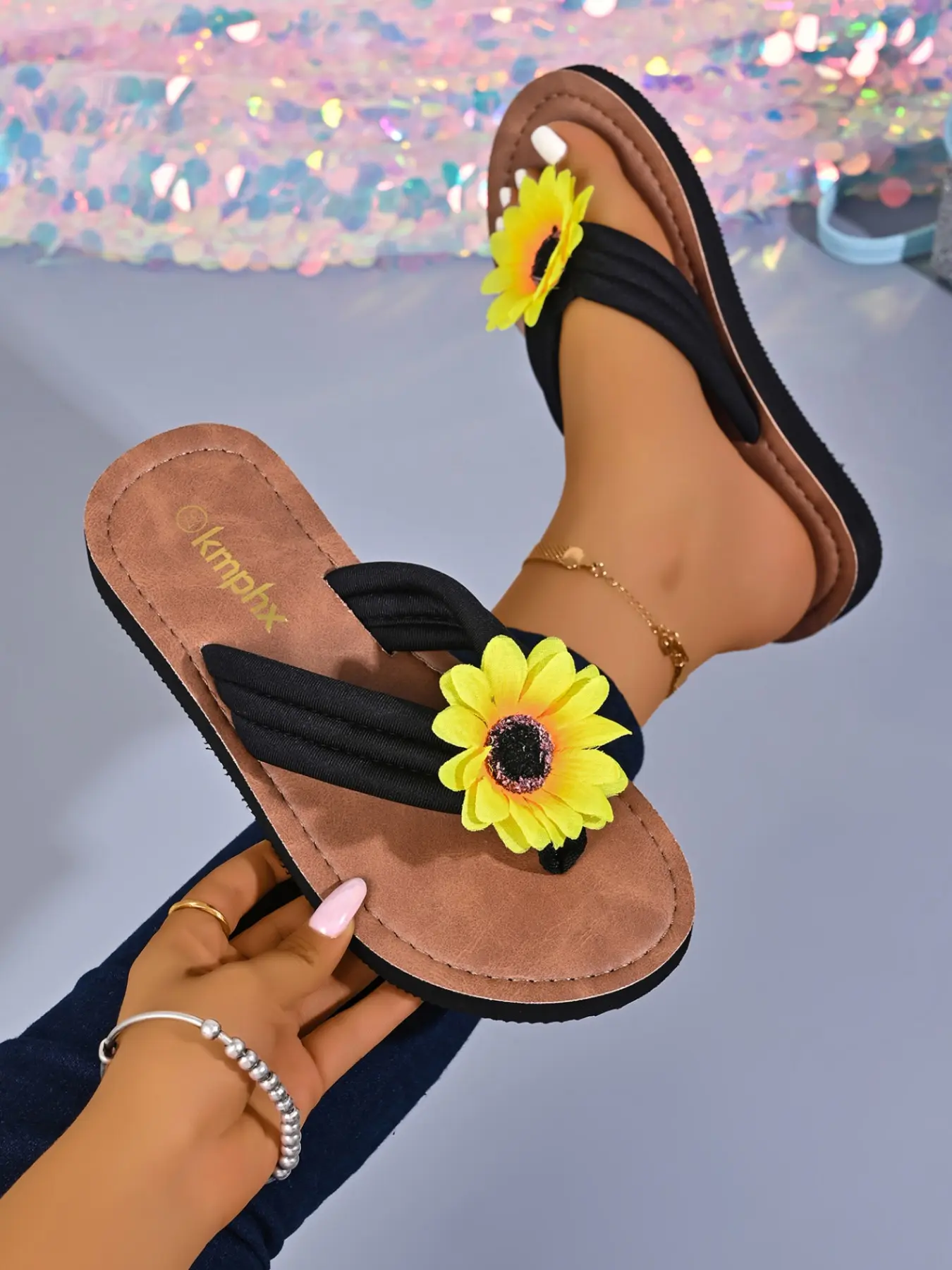 Fashion Women's Soft Cushioned Sunflower Decorative Sandals, Summer Block Textile Beach Casual Slippers