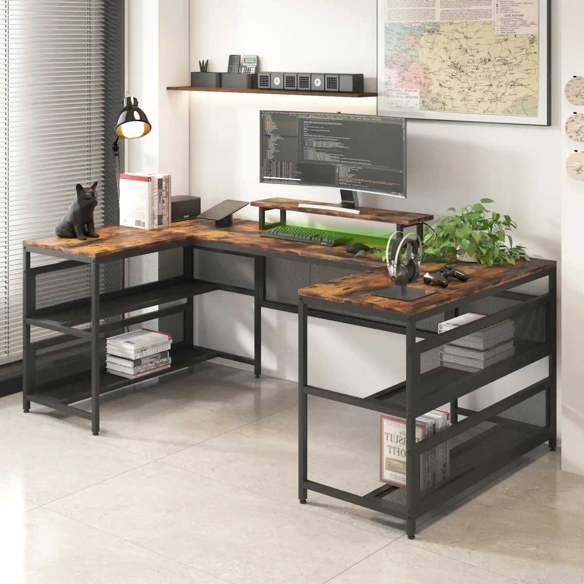 AobtkelU Shaped Desk with Power Outlets & LED Strip & Monitor Stand, L Shaped Desk with Storage Shelf, Home Office Gaming Desk, Vintage