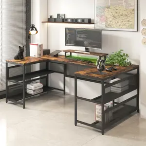 AobtkelU Shaped Desk with Power Outlets & LED Strip & Monitor Stand, L Shaped Desk with Storage Shelf, Home Office Gaming Desk, Vintage