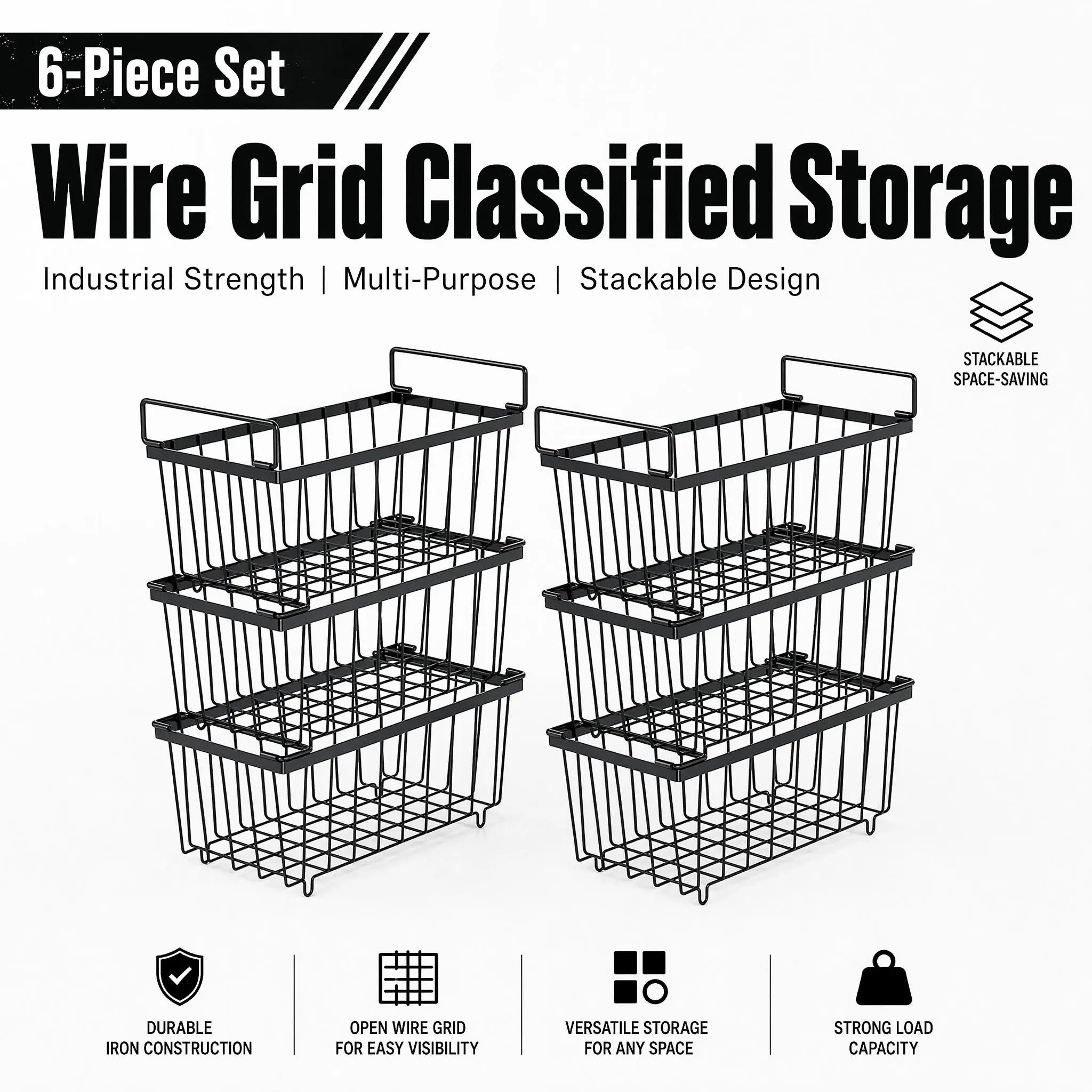 4 Pack & 6 Pack Optional Stackable Pull Handle Wire Storage Baskets For Chest Deep Freezer Kitchen Cabinet Pantry Food Sorting Organization