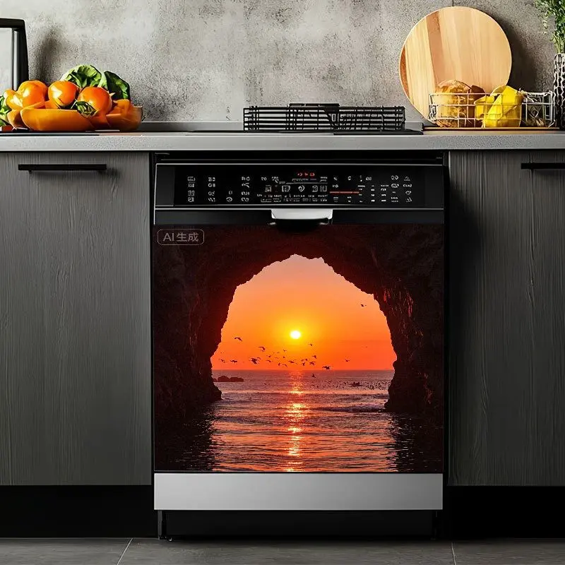 2D Flat 2Pcs Sunset Ocean Cave Dishwasher Sticker Waterproof Self-Adhesive Appliance Cover Orange Seascape Kitchen Decor Removable Door For Refrigerator Washing Machine Cabinet Bedroom Living Room Home Peel and Stick Art Film