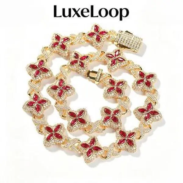 LuxeLoop Unisex Iced Out 4-Leaf Cuban Link Bracelet - 5A Cubic Zirconia Bust Down Prong Set, Gold/Silver/Rose Gold Plated Streetwear Jewelry with Secure Box Clasp, Trendy Rapper Accessory, Ideal Birthday Gift