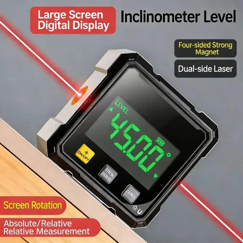 Portable magnetic digital angle detector, 360 magnetic accessory hardware tool, equipped with dual laser guides, rechargeable angle meter for woodworking, construction and Home Summervibes