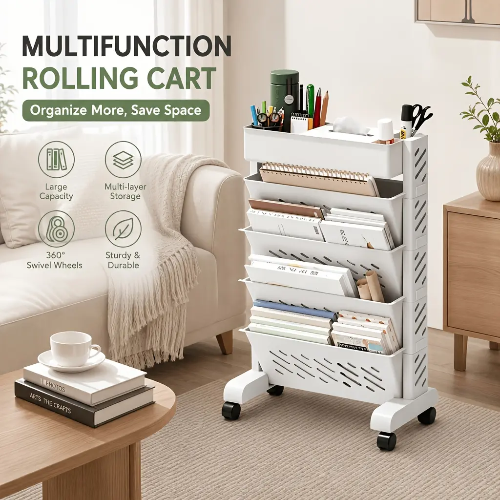 Mobile Rolling Book Cart, Multi-layer Bookshelf Office File Storage Organizer with Swivel Wheels, Independent Side File Rack, Large Capacity for Magazines & Papers, Suitable for Desk, Classroom, Bedroom Use