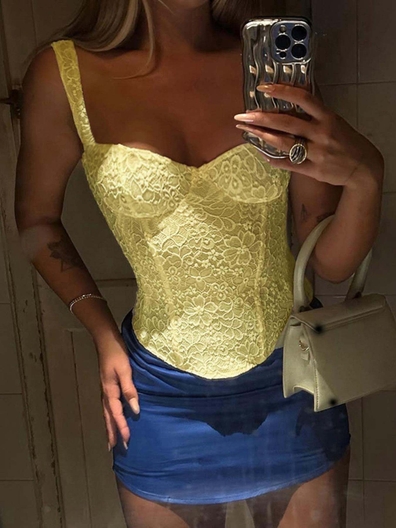 Women's Floral Lace Corset Structure Crop Tank Top Strap, Summer Clothes Women, Fashion Casual Sleeveless Crop Top for Daily Outdoor Wear, Women Top for Summer, Strappy