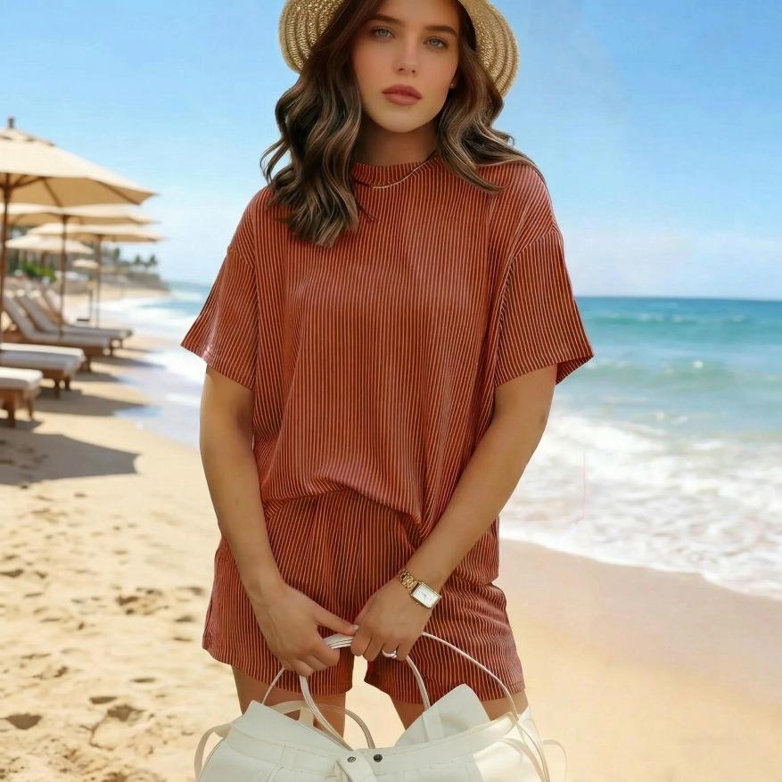 Summer Women's Ribbed Knit Lounge Set - Short Sleeve Crew Neck Top & High Waisted Shorts with Pockets, Soft Pajamas Loungewear Mother's Day Gift