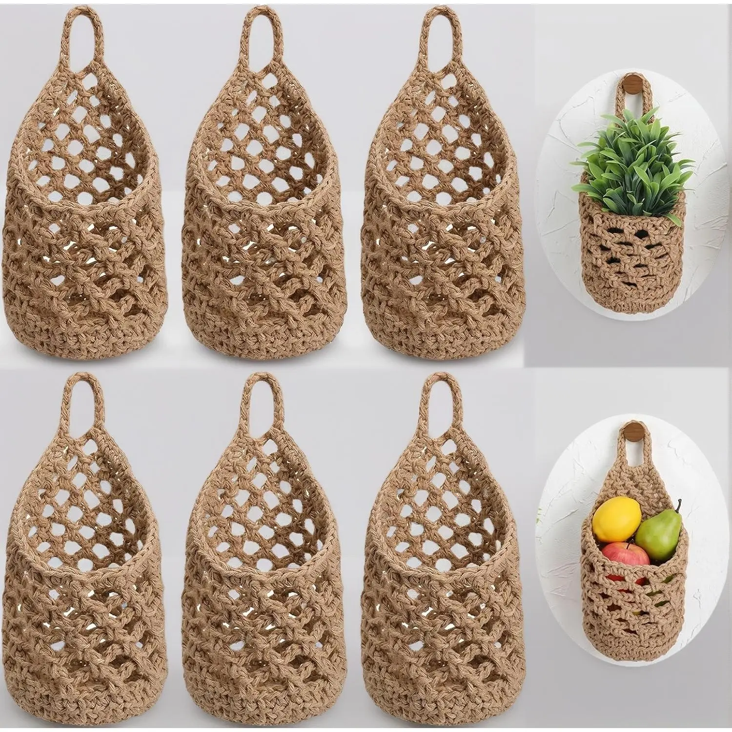 Boho 6-Pack Macrame Hanging Planters – Fits 5" Pots, Perfect as Kitchen Fruit Baskets, Cup Holders & Wall-Mounted Storage in Warm Brown (9.4" x 5.1")