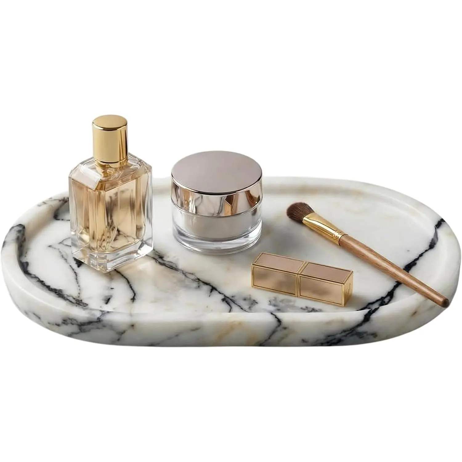 Natural Marble Vanity Tray for Bathroom Counter, Stone Catchall Tray for Perfume, Soap, Jewelry and Skincare, Bathroom Countertop Organizer for Vanity, Dresser or Kitchen Sink, 11.8 x 6.3 Inch