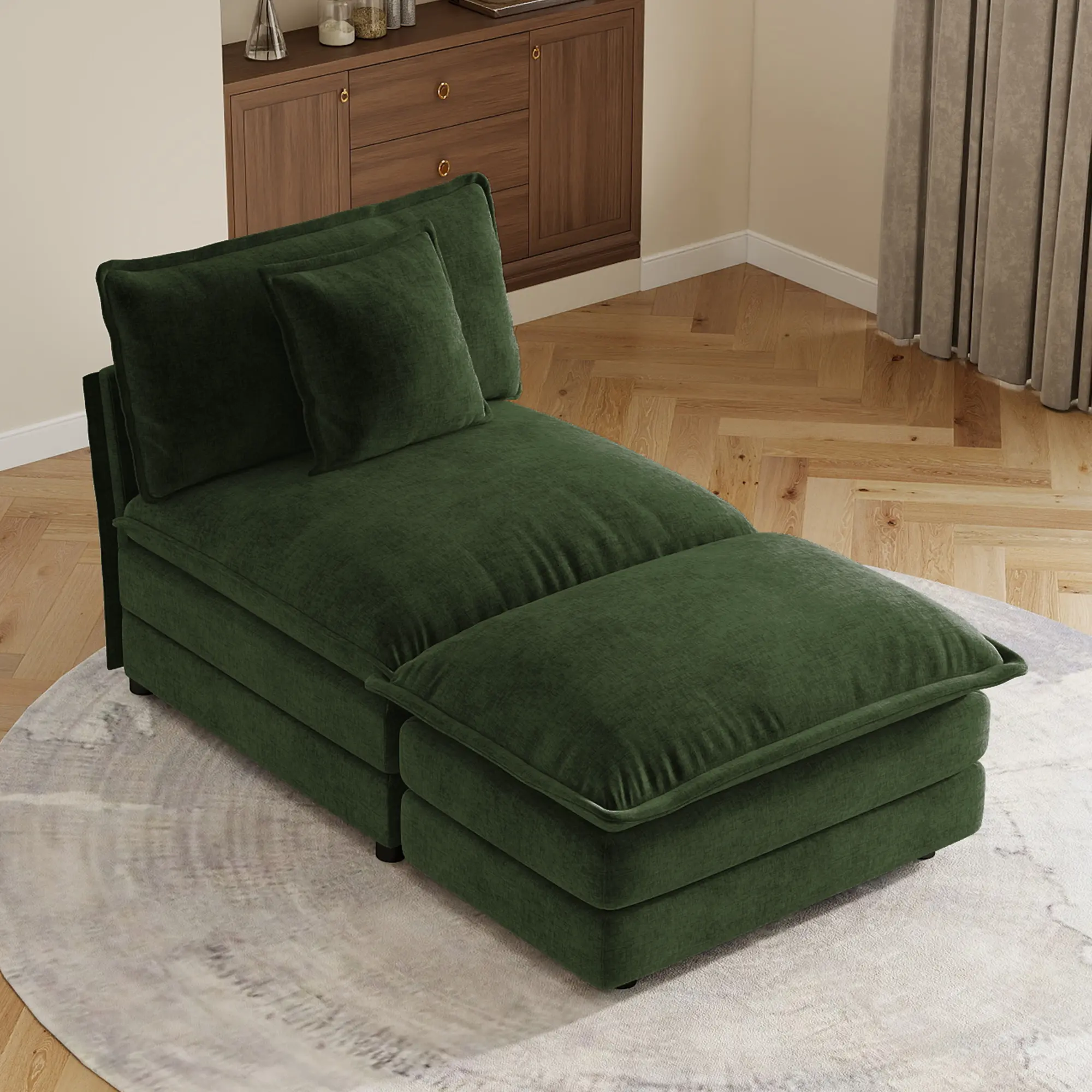 Nokaa Green Chenille Armless 1-Seat Sectional Sofa with Ottoman Modular Living Room Couch Set, Solid Wood Frame, High-Density Foam, Easy Assembly, 34Wx55Dx35H Inches