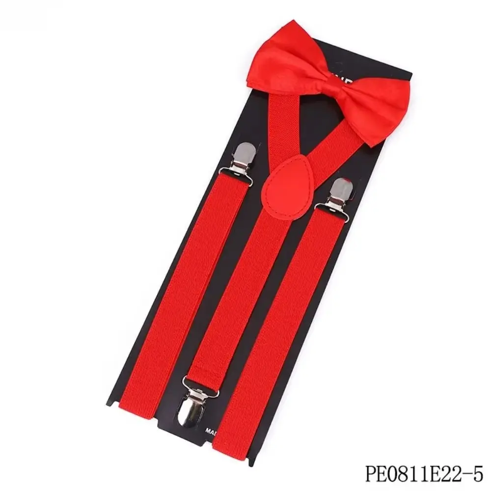 PESENAR Men's Red Suspenders and Bow Tie Design Set 3-Clip Elastic Adjustable Suspenders Bow Tie Wedding Party Formal Accessory