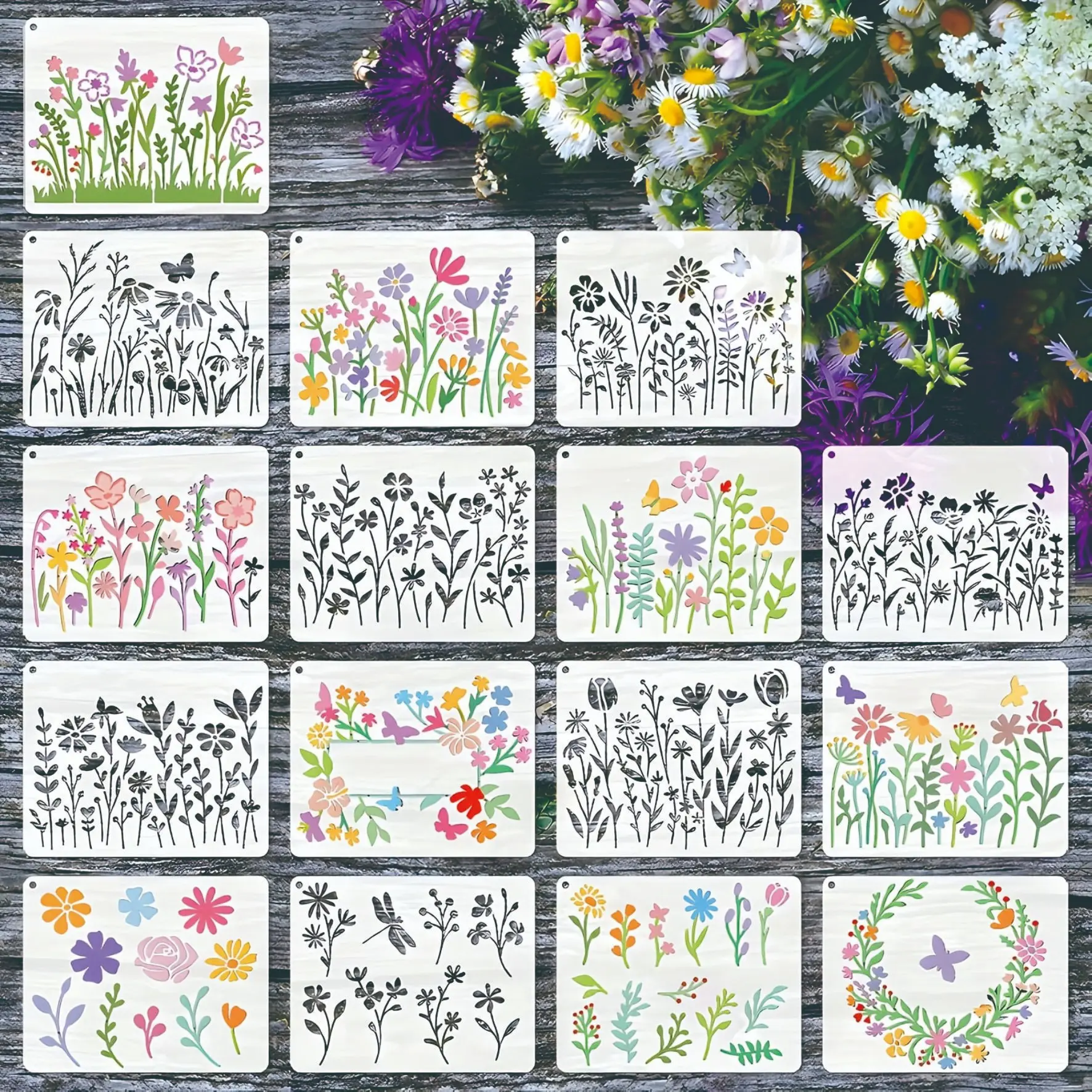 16-Piece Wildflower Stencil Set, Reusable for Wood Painting, Natural Plant Patterns, 4.7x5.9 Inches, DIY Home Wall Decor Templates