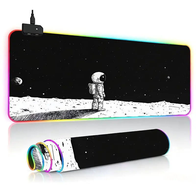 Astronaut Space Scene Extra Large Gaming Desk Mat Keyboard Pad RGB Mouse Pad Ultra Thick Non-Slip Large Size RGB Gaming Desk Setup for PC/Laptop - 14 Lighting Modes Touch Keyboard and Mouse Pad with