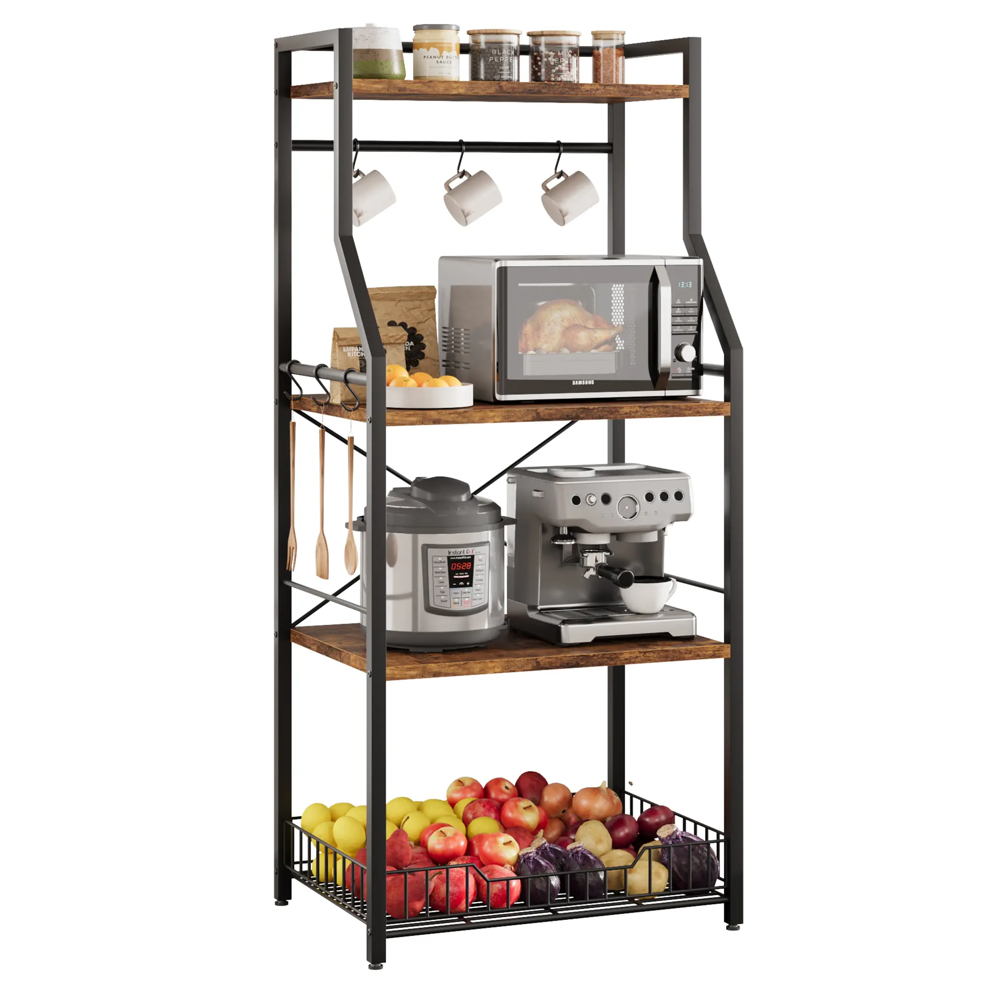 Industrial 4-Tier Kitchen Oven Rack with Microwave Stand – Large Wire Basket, 8 S-Hooks, Coffee Bar Station, Freestanding Utility Shelf for Spices, Pots, Pans, Storage Organization