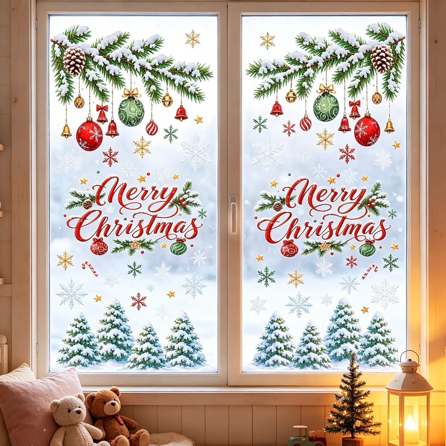 3sheets/set Super Large Merry Christmas Window Stickers, fallen snow Pine Branches, Hanging Ball, Christmas tree, Festive Glass Stickers, Window Decals, Indoor & Outdoor Use