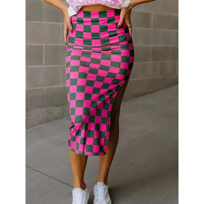 Elegant Women's Checkered Midi Skirt with Side Slit - Slimming, Casual Style in Black & White, Perfect for Fall, Machine Washable, Print, A-line, Autumn(Sheets)