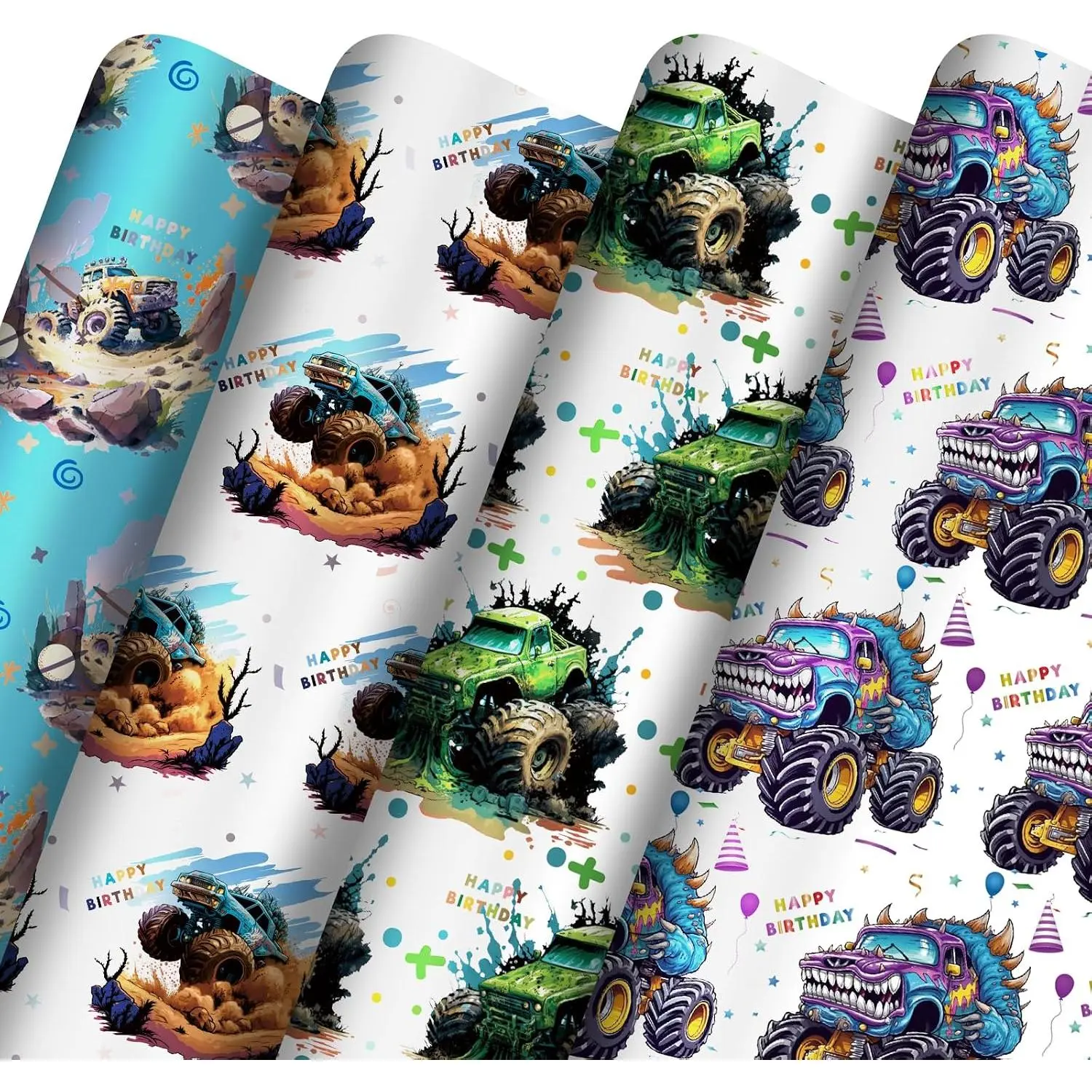 Birthday Wrapping Paper 8 count Happy Birthday  Wrap Racing  Art Paper Folded Flat for Boys   Shower Holiday 19.6 X27.8Inch