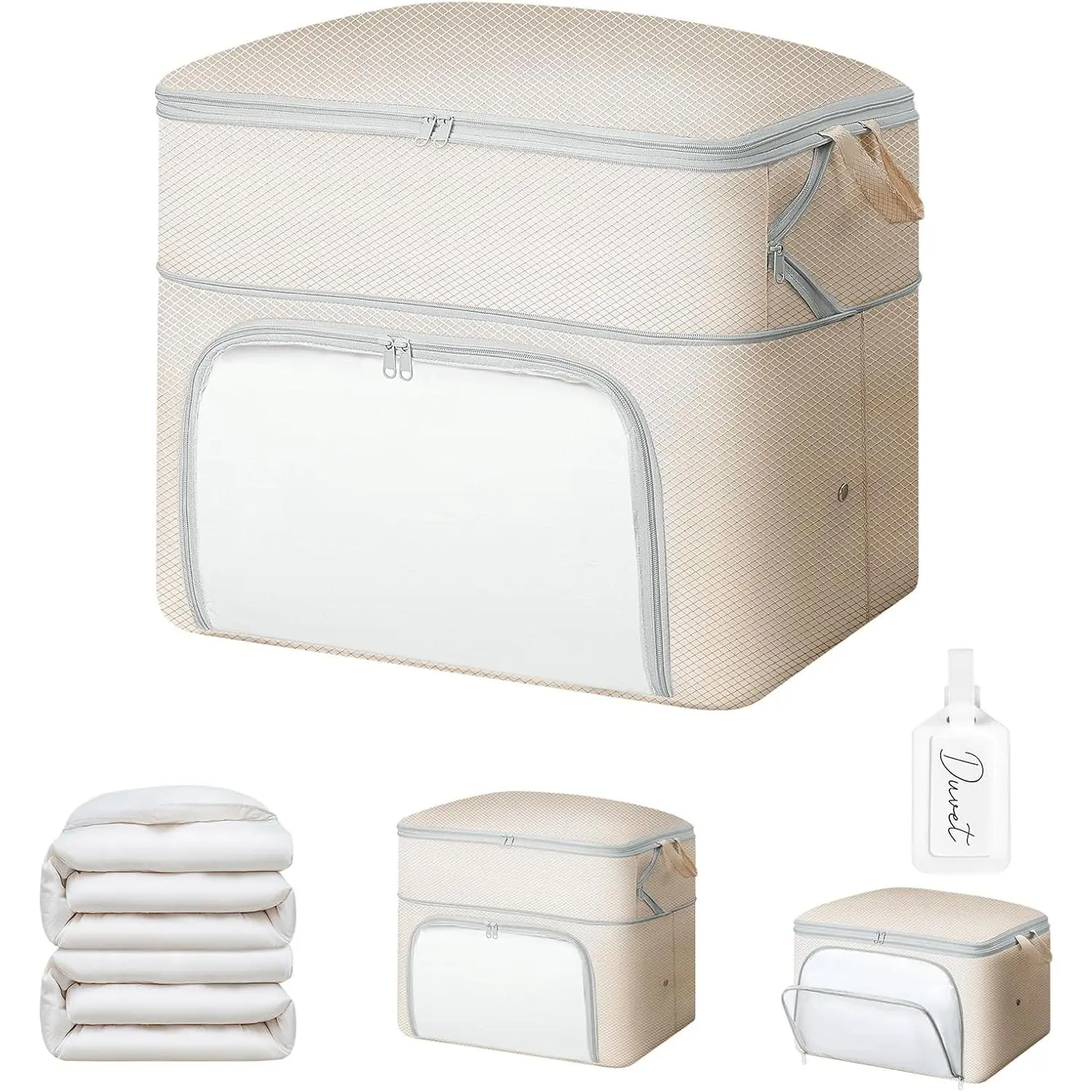 Comforter Storage Bag - Large Capacity Blanket Storage Bags Front-opening Ultra Space Saving Self Compression Organizer, Washable Compression Bags for Storage Comforter Blanket, 1 Pack, Beige
