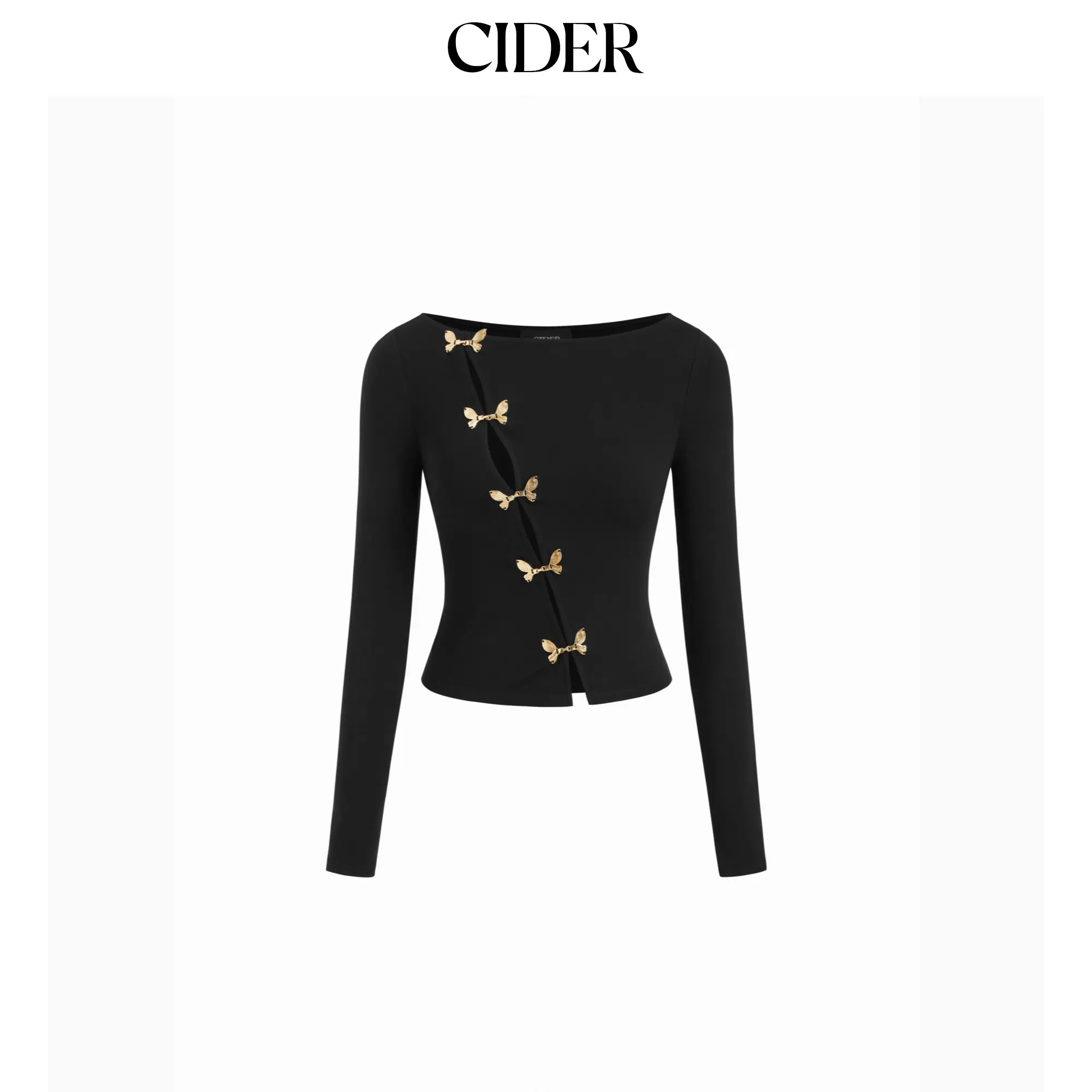 Cider Cotton-blend Boat Neck Asymmetrical Button Long Sleeve Top SohoChic
