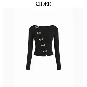 Cider Cotton-blend Boat Neck Asymmetrical Button Long Sleeve Top SummerFinds