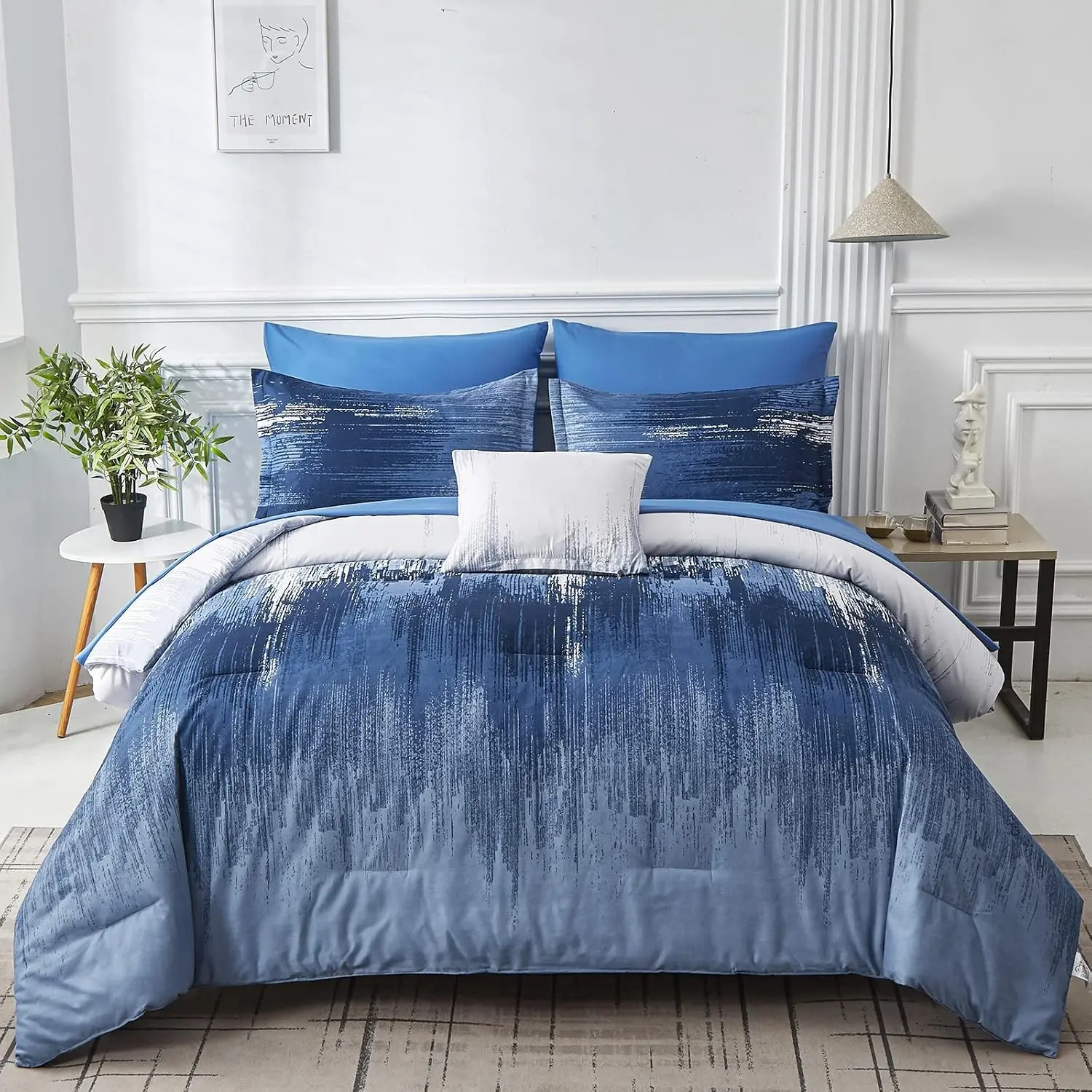 Ombre Blue Comforter Set Full Size Reversible Gradient Blue Grey Boho Bedding Set for Men Women 8 Pieces Bed in A Bag Bohemian Bed Set with Comforter, Sheets, Pillowcases & Shams