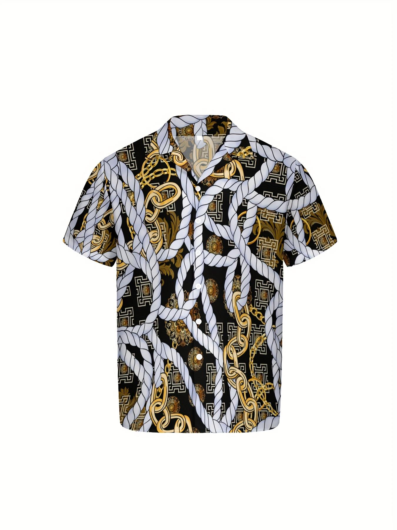 3pcs Men's Hawaiian Shirt And Short Set, Baroque Vintage Rope Golden Luxury Chain Soft Fabric Breathable Shirt Button Short Sleeve Casual Beach Shirts Outfits with Bucket Hats