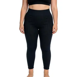 Plus Size Women Polyester Leggings, Vertical Strip Fleece Lined High Stretch Tummy Control Pants, Skinny Sports Yoga Workout Tights
