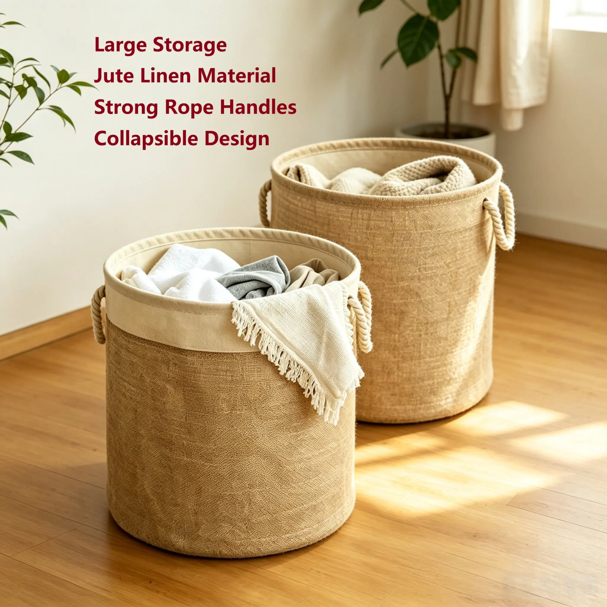Collapsible Natural Jute Laundry Hamper with Thick Cotton Rope Handles, Boho Farmhouse Dual Tone Storage Bin, Eco Multipurpose Organizer for Clothes Toys Towels, Space Saving Bucket for Bedroom Bathroom Nursery Small Apartment