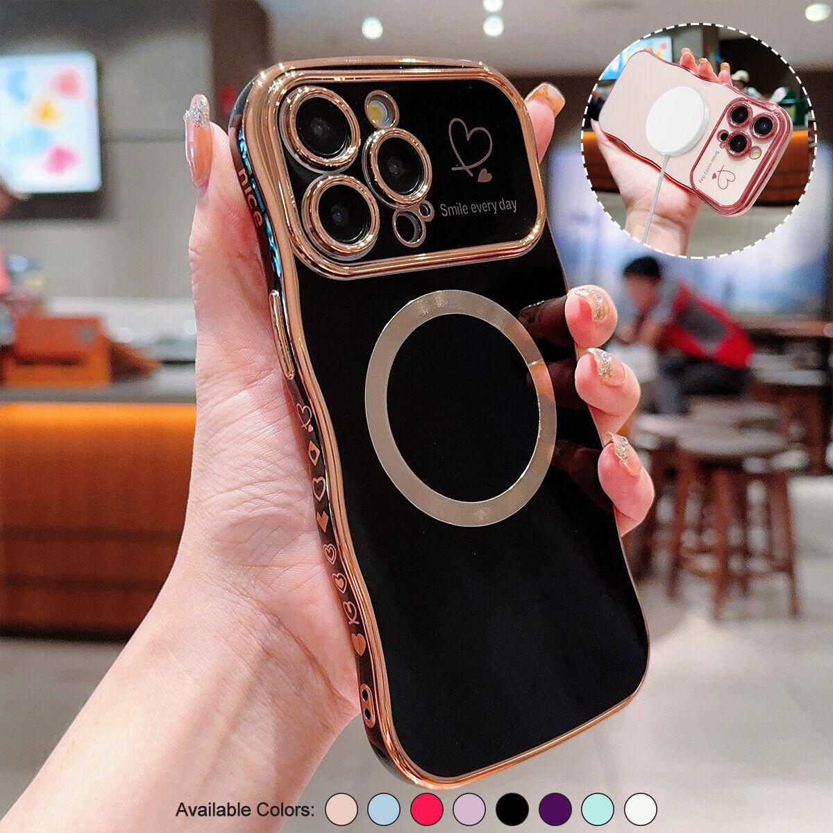 for iPhone 12 13 14 15 16 Pro Max Case Magnetic,for Women Girls Soft Cute Wave Frame Curly Shape Love Heart Luxury Plating Phone Case Compatible with MagSafe Shockproof Back Cover