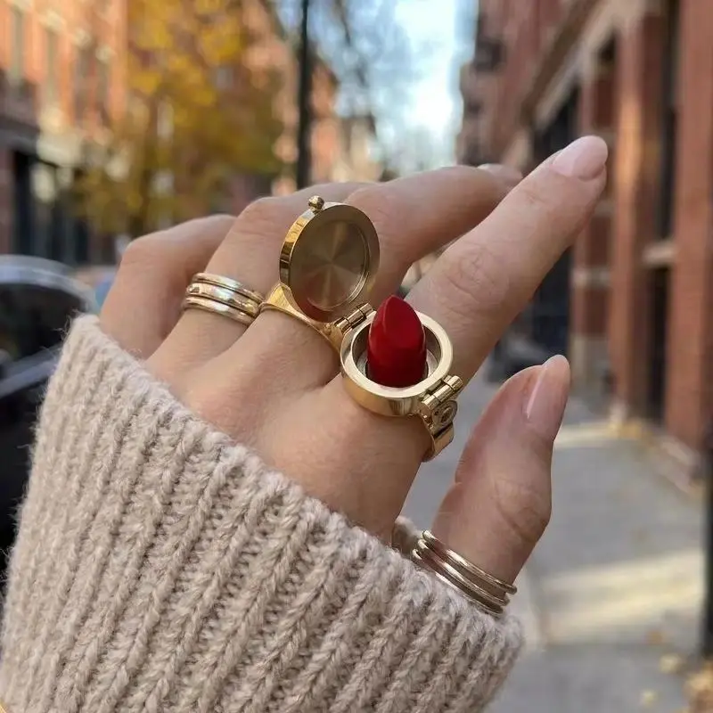 Unique Hidden Lipstick Stainless Steel Open Ring for Women 18K Waterproof Lip Balm Holder Ring Party Daily Jewelry Creative Gift