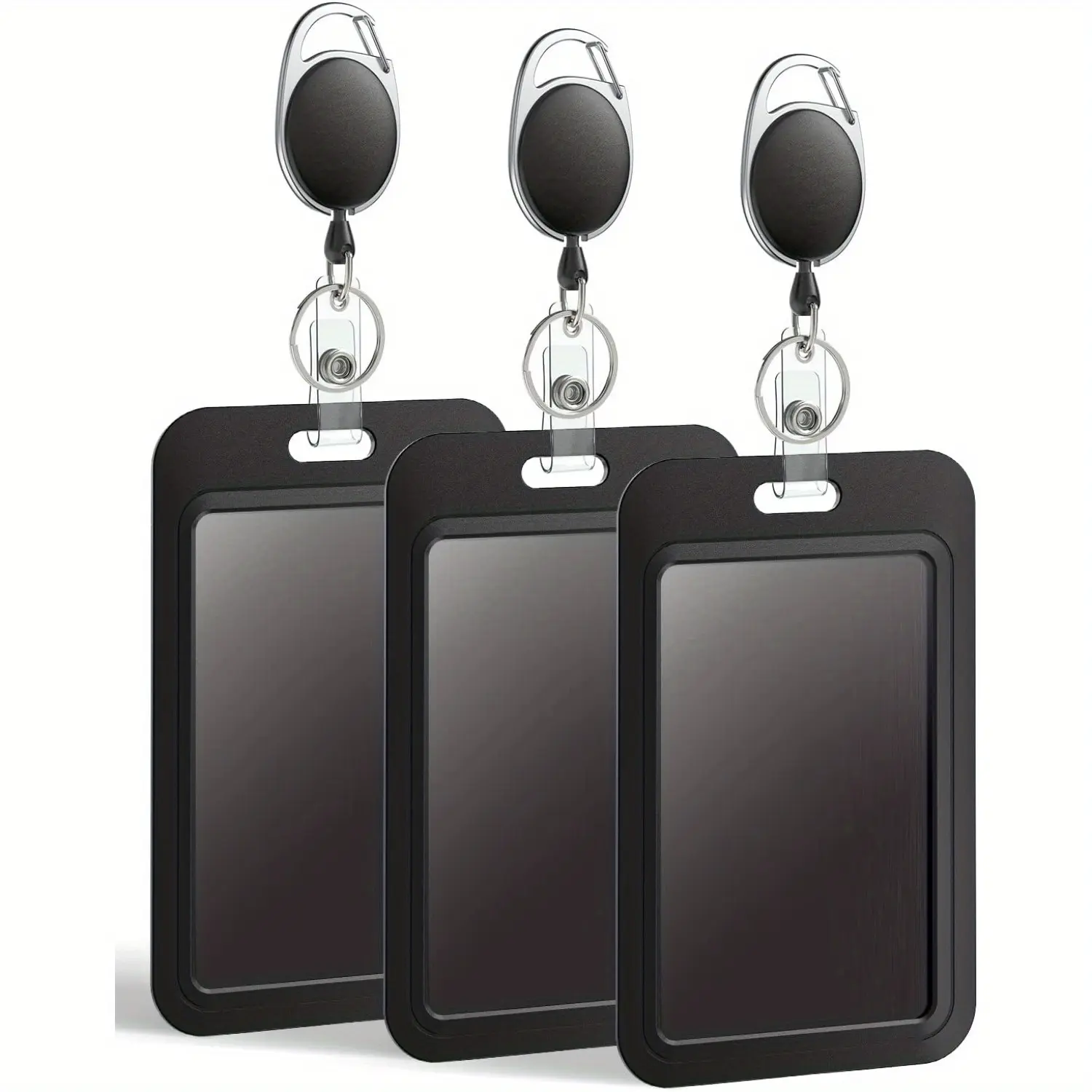 3 Pack with Reel Sliding Badge Holder Hard Black Vertical Plastic Card Case with Retractable Badge Reel Carabiner for Office School ID Credit Proximity Key Card Driver’s License and Pass