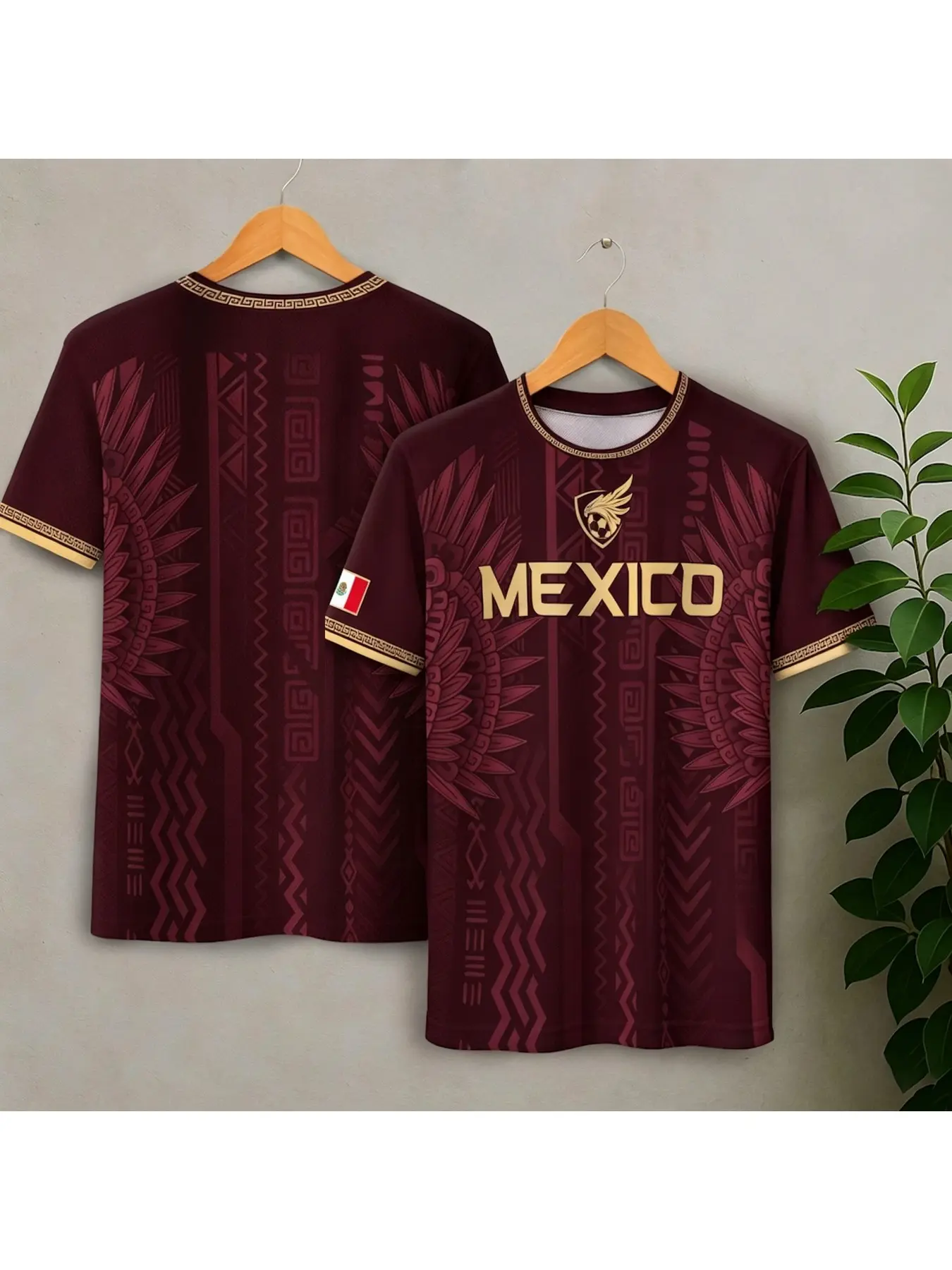 Burgundy Feathered Maya Geometric Patterned Gold Trim Mexico Sports Short Sleeve Casual Sports Jersey Top