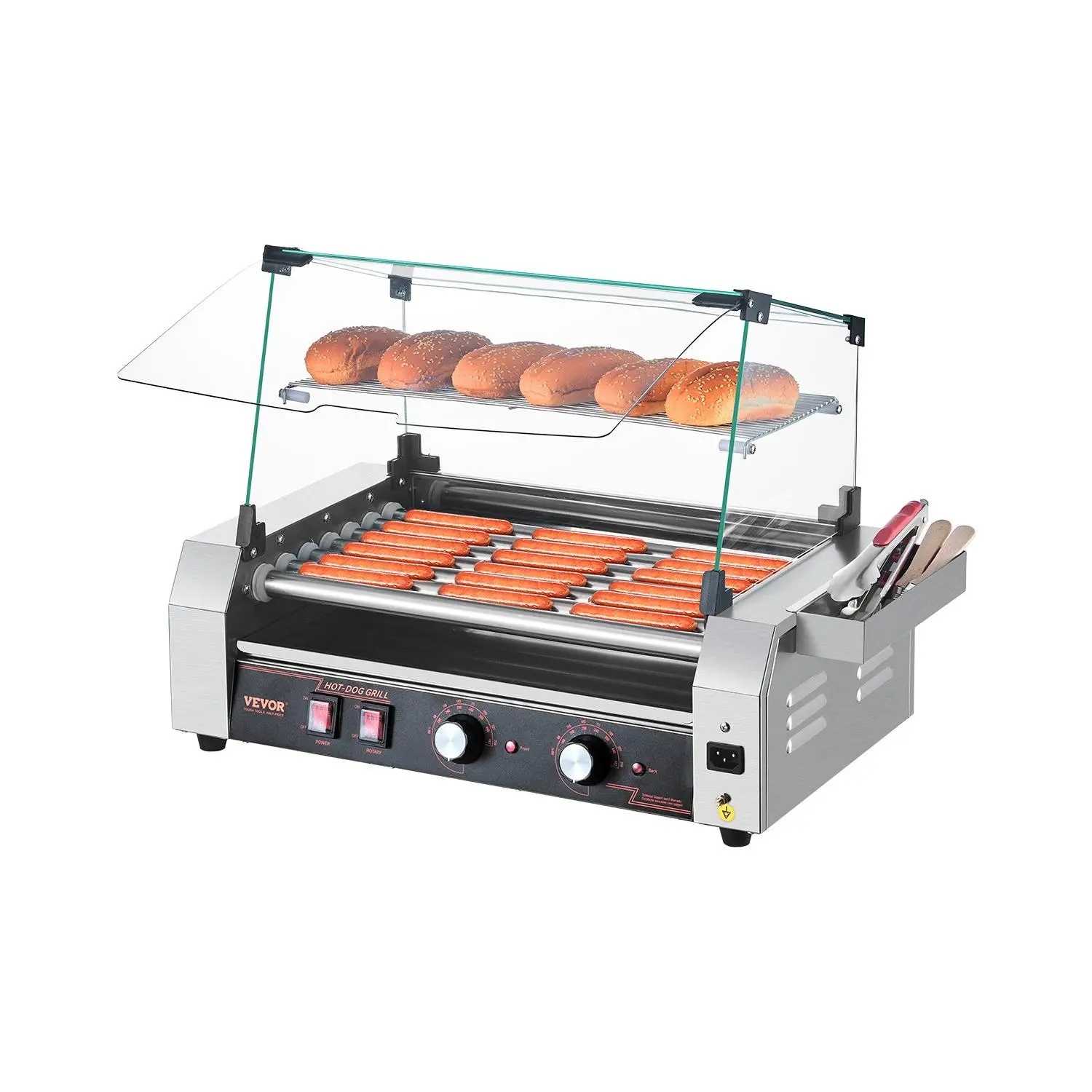 【DealsForYouDays】VEVOR Hot Dog Roller, 18 Hot Dog 7 Rollers, Stainless Steel Sausage Grill Cooker, 1050W Commercial Hot Dog Machine with Dual Temp Control, Cover, Side Storage Box, Removable Shelf Oil Drip Tray