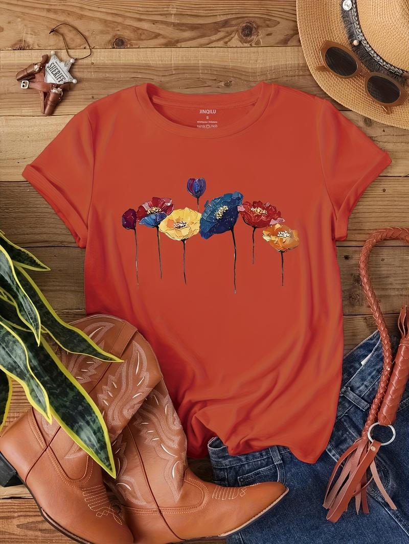 G7339 2026 New Arrival Oil Painting Floral Print T-Shirt for Women Casual Wear plus  size  top