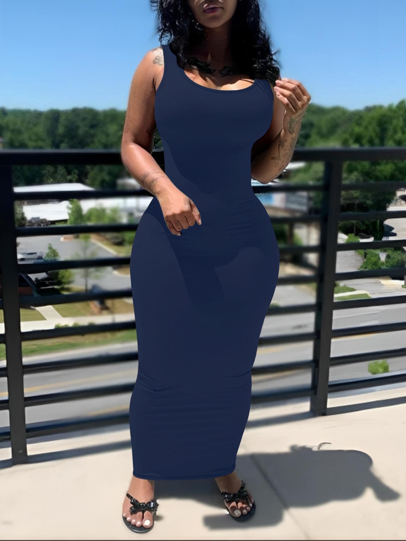 Women's All Over Print U Neck Bodycon Dress, Casual Sleeveless Long Dress for Summer, Ladies Clothes for Daily Wear