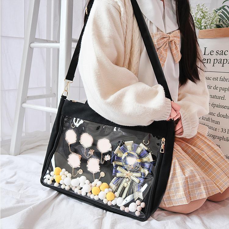 Big Ita Bag Black with Insert Japanese Cute Clear Women Double Straps Girls Kawaii Transparent Shoulder Bag Purses and Handbags