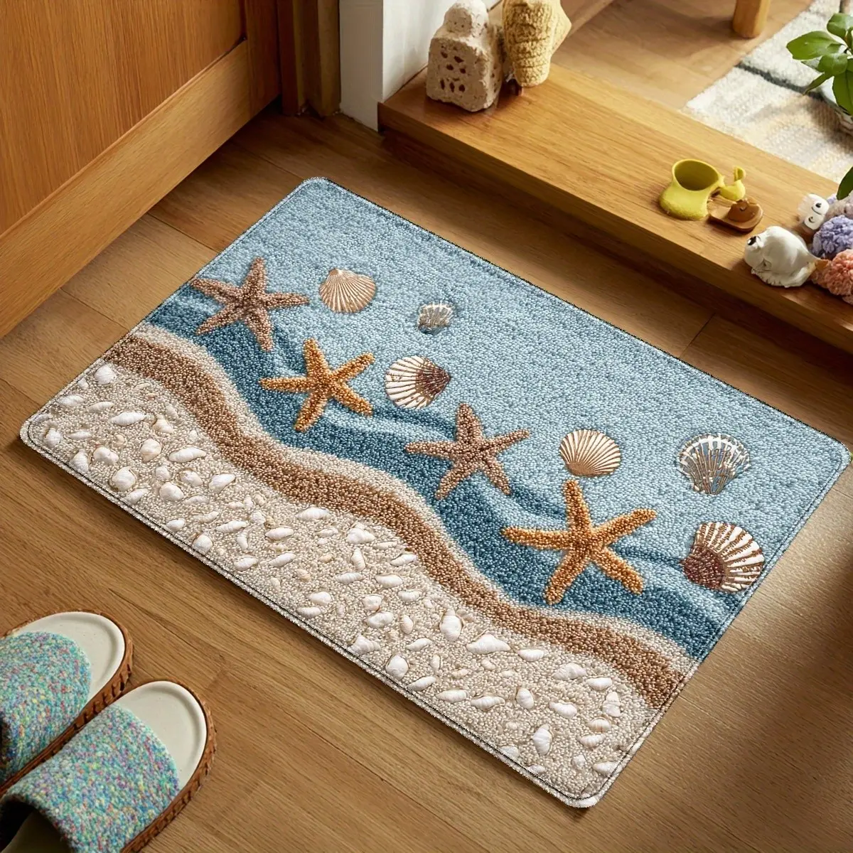 Starfish Shell Rug, Non-Slip Beach Bathroom Mat, Coastal Design, Soft Material, Kitchen, Bath, Entryway, Bedroom Decor, Christmas Ornament