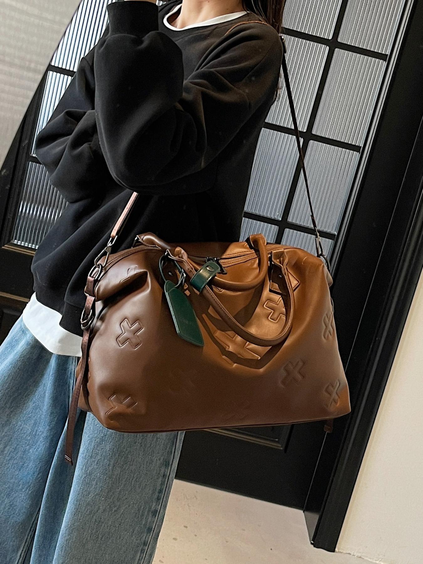 Cross Embossed Handbag, Contrasting Color Design, Portable Single-shoulder Commuting Large-capacity Boston Bag, Single-shoulder Crossbody Multi-purpose Commuter Bag, Suitable for Short-distance Travel, Sports and Fitness, Elegant Embossed Bag